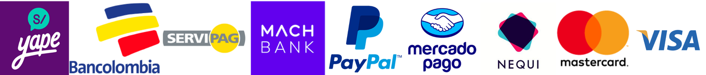 Medios de pago aceptados: Nequi, Mercado Pago, Servipag, MACH, Bancolombia, Yape, PayPal, Hotmart, Mastercard y Visa